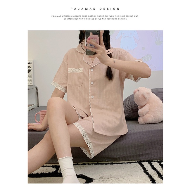 Set Đồ Ngủ Cotton Màu Hồng Trơn Phong Cách Hàn Quốc Mới Cho Nữ