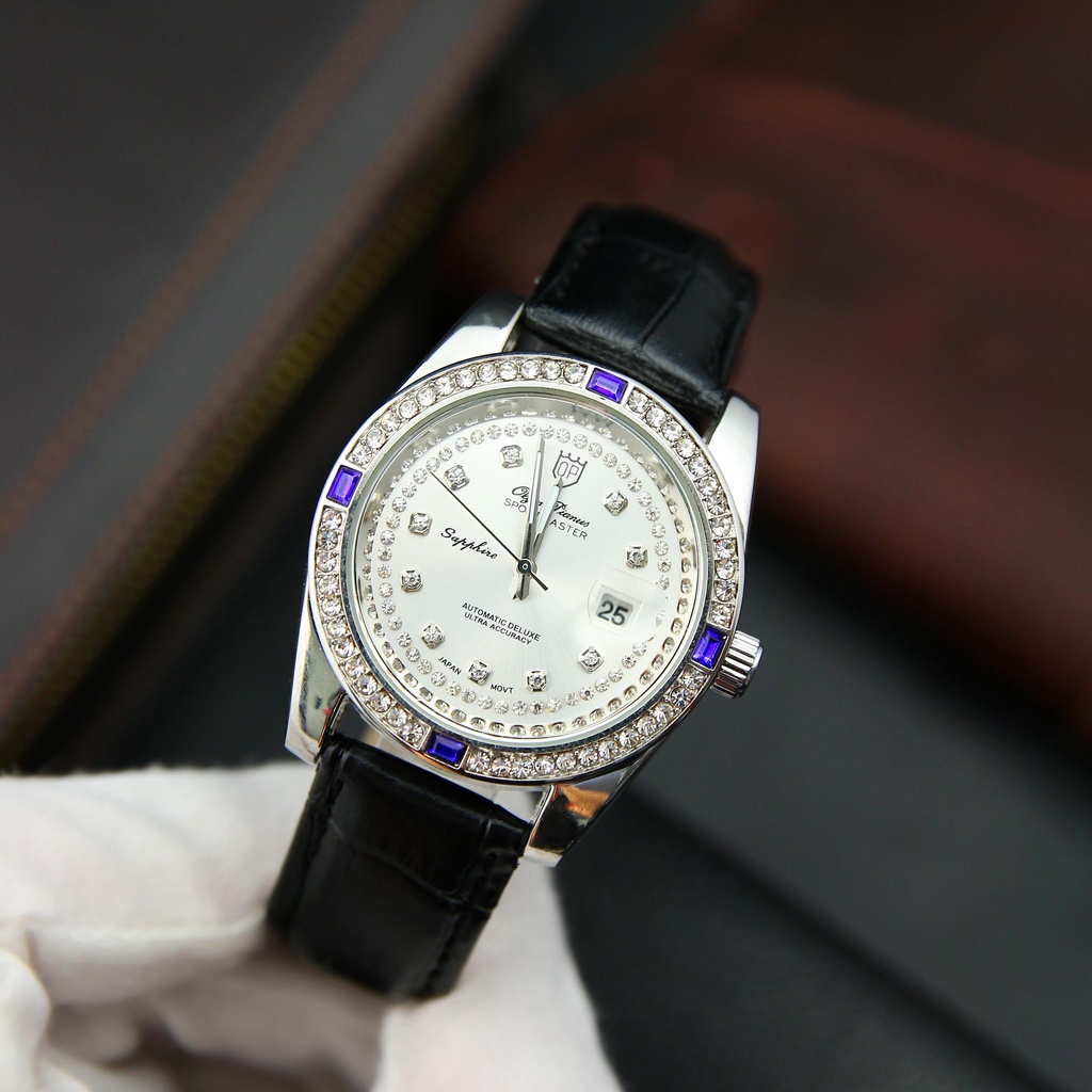 Đồng hồ Nam máy nhật size 38mm viền đính đá sang trọng , kính saphire chống trầy xước , dây da bò xịn, chống nước