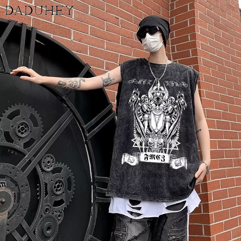 DaDuHey Men's 2023 New Summer Fashion All-Match Vest Hong Kong Style Retro Dark Style Trendy Sleeveless T-shirt