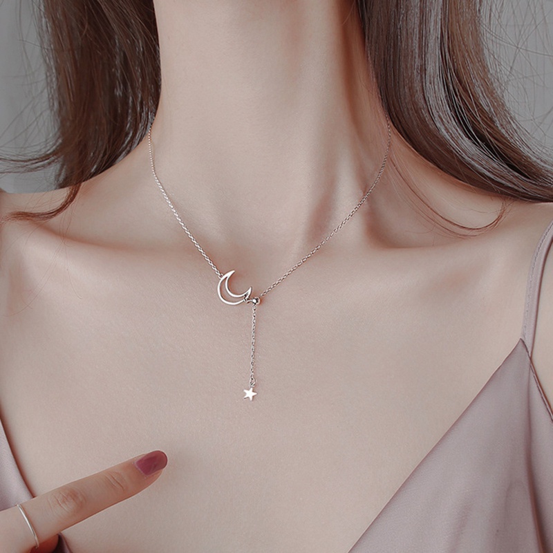 Vòng cổ Bạc 925 Mặt Hình Mặt Trăng Ngôi Sao Lấp Lánh Thời Trang Cho Nữ