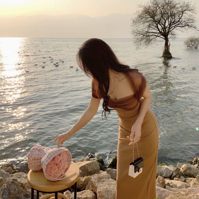 [F &amp; X] Đầm Dài Dệt Kim Dáng Ôm Phong Cách Pháp Cổ Điển Thời Trang Cho Nữ