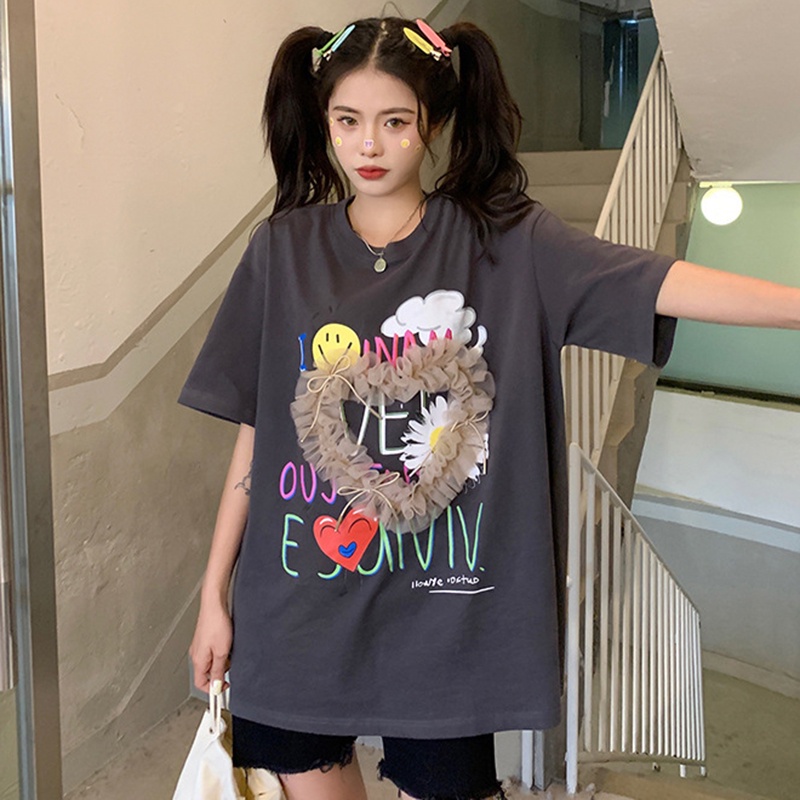 IELGY  Áo Thun Tay Ngắn Dáng Rộng Thời Trang Hàn Quốc Cho Nữ