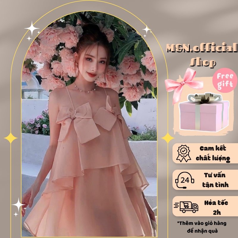 Set váy babydoll hồng 2 dây có nơ xếp tầng dự tiệc đi biển- Đầm babydoll màu trắng cổ vuông tay bồng tiểu thư