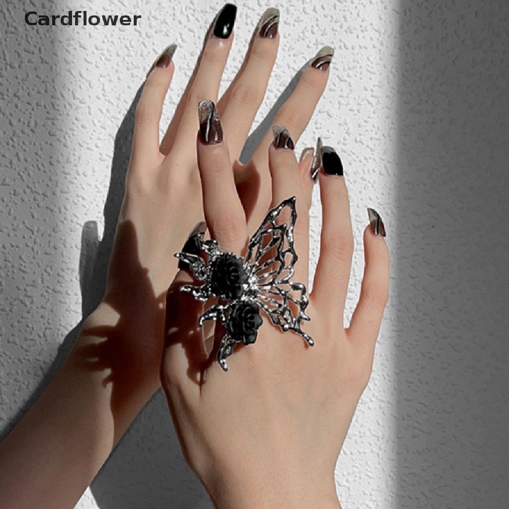 < Cardflower > Nhẫn Mở Kim Loại Hình Hoa Hồng / Bướm Đen Phong Cách Punk Vintage Có Thể Điều Chỉnh Làm Quà Tặng Cho Nữ