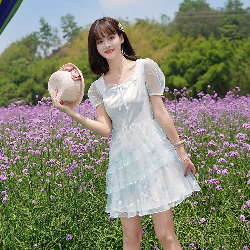 IELGY   Chân Váy Lưới Tầng Thêu Họa Tiết Màu Hồng Và Trắng Tươi Mới Cho Nữ