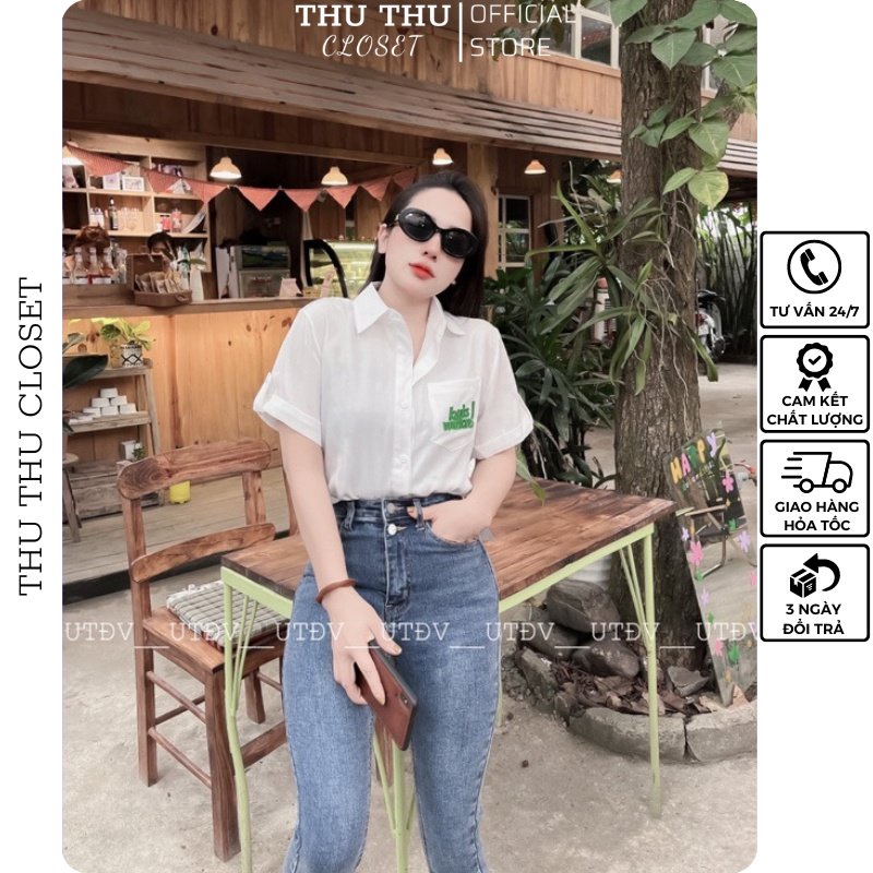 Áo sơ mi trắng nữ thêu túi tay gấp siêu đẹp