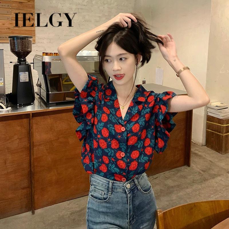 IELGY  Áo Sơ Mi Cổ Lá Sen Dáng Rộng Họa Tiết Hoa Phong Cách retro Cho Nữ