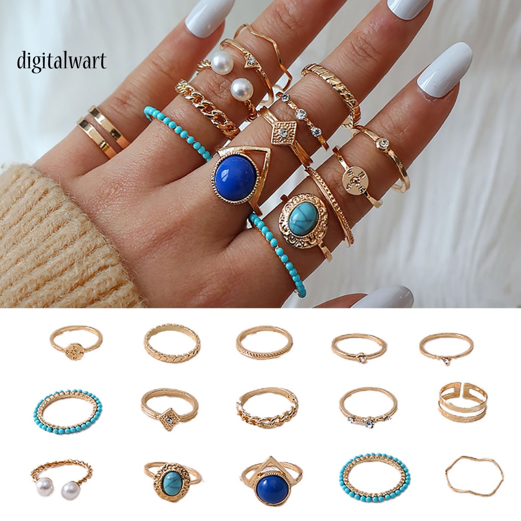 Kỹ Thuật Số| Set 15 Nhẫn Đốt Ngón Tay Đính Ngọc Lam Giả Phong Cách Vintage