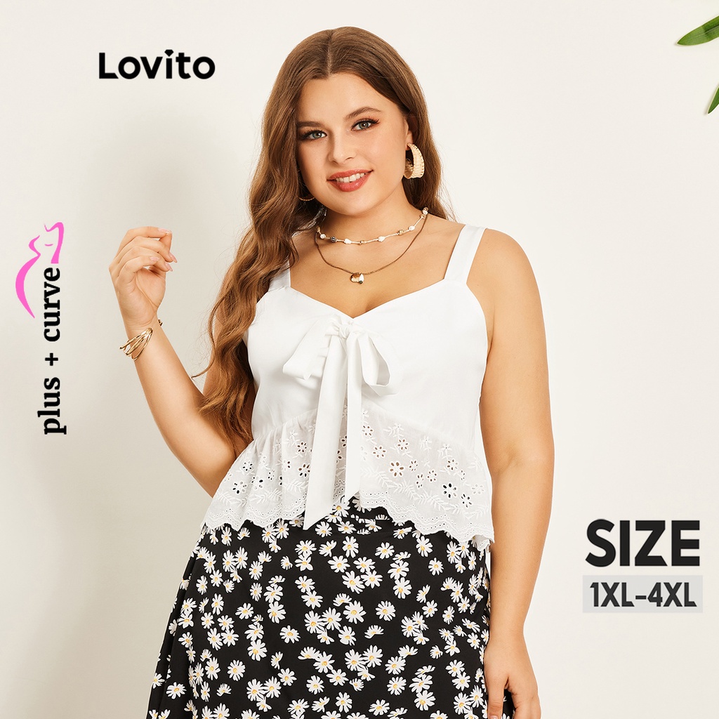 Áo hai dây Lovito màu trơn phối nơ phía trước phong cách Boho tôn dáng dành cho nữ plus size LPS06042 (trắng)