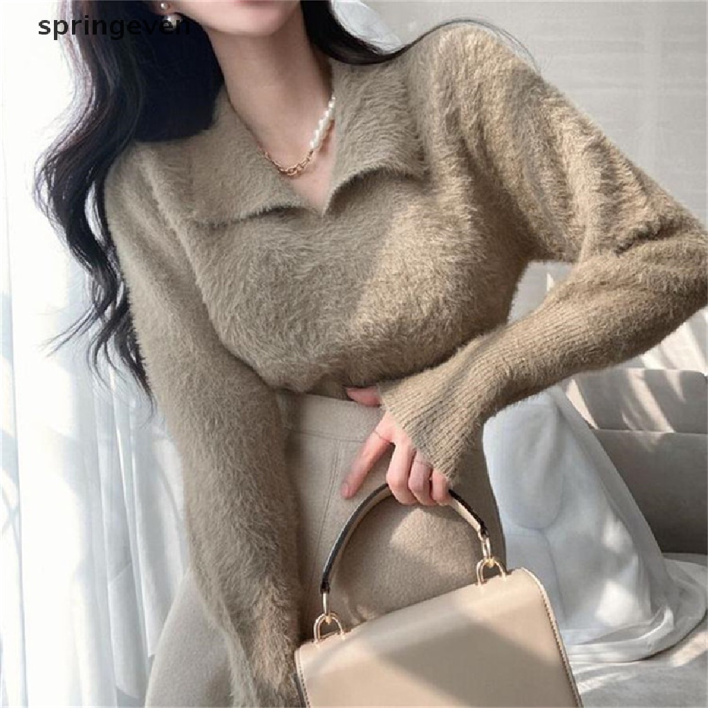 Áo Len Tay Dài Cổ Bẻ Màu Trơn Thời Trang Hàn Quốc Dành Cho Nữ