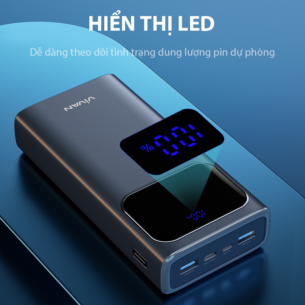 Pin dự phòng sạc nhanh VIVAN VPB-C30 Xanh 30000mAh Hiển thị đèn LED PD+QC3.0 22.5W- bảo hành 12 tháng