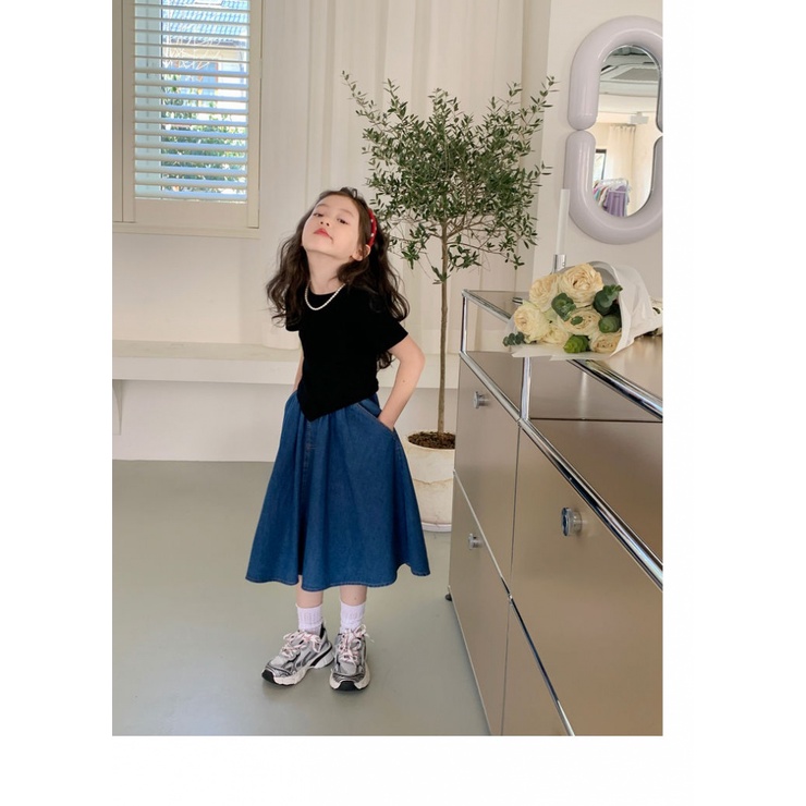 Bộ Áo Thun Tay Ngắn + Chân Váy Denim Phong Cách Hàn Quốc Thời Trang Mùa Hè Xinh Xắn Cho Bé Gái