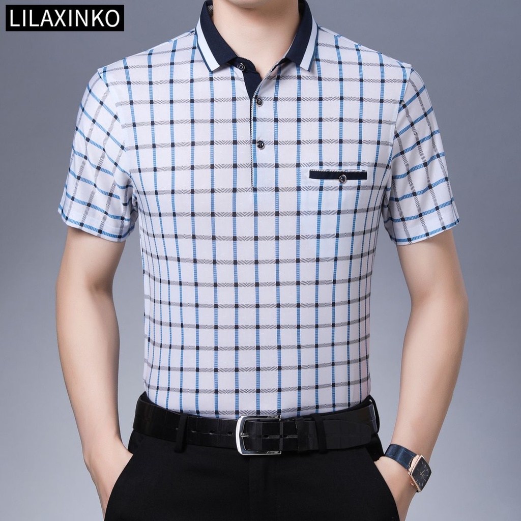 Áo Thun Polo Tay Ngắn Có Túi Họa Tiết Sọc Caro 2 Màu Thời Trang Cổ Điển Cho Nam