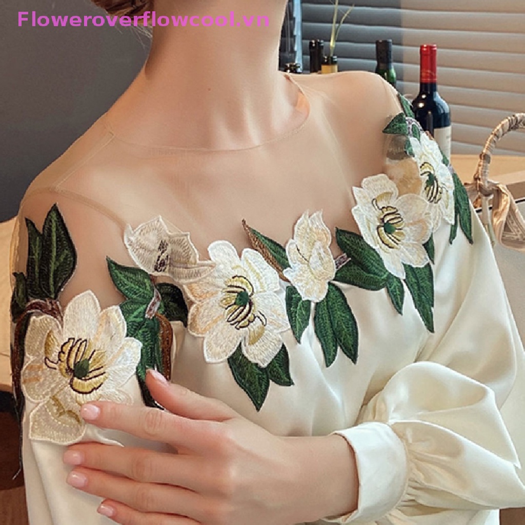 Fofc Áo Sơ Mi Crop Top Tay Dài Dáng Rộng Phối Lưới Thêu Hoa Ngọt Ngào