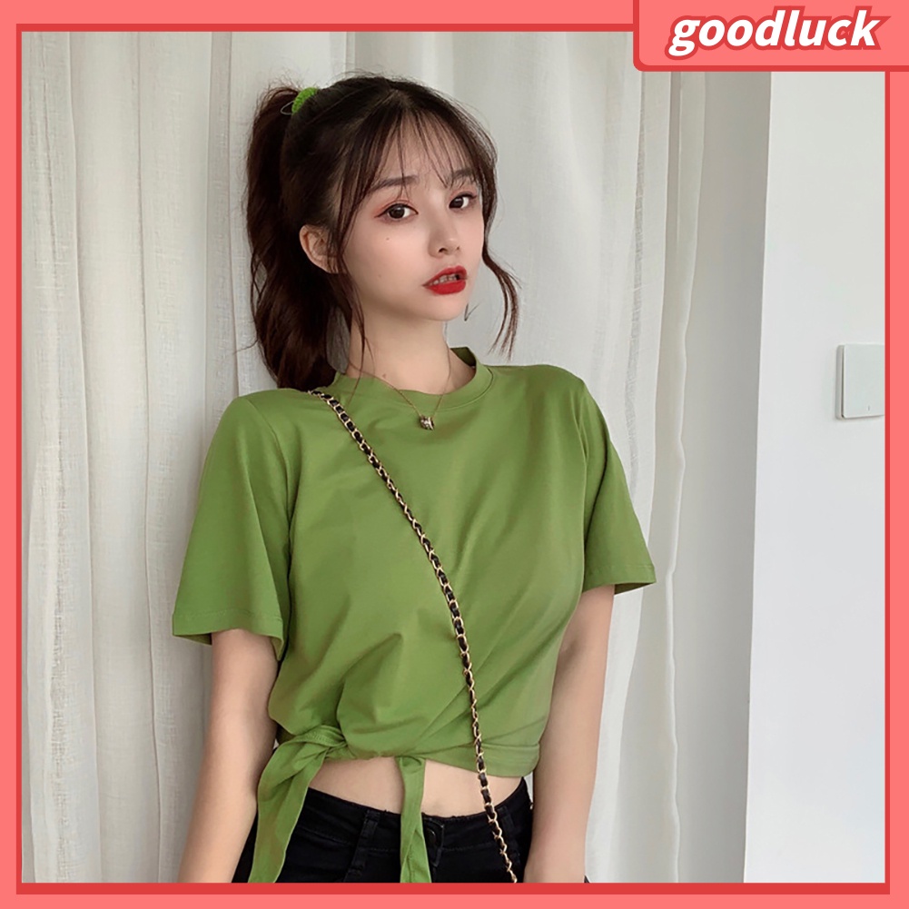 Áo Thun Tay Ngắn Cổ Tròn Màu Trơn Thắt Nút Độc Đáo Thời Trang Mùa Hè Cho Nữ