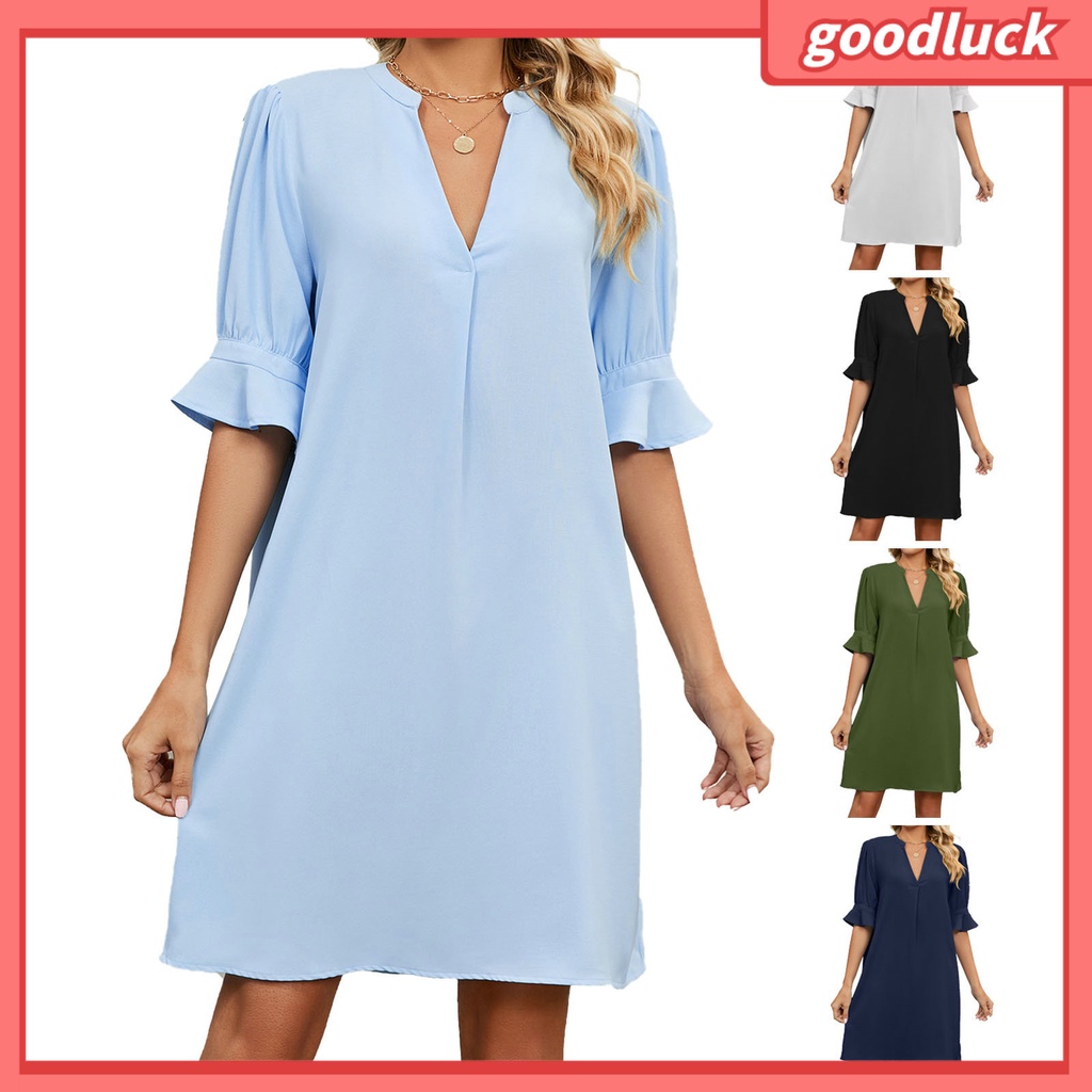 Đầm Mini Tay Lửng Cổ Chữ V Dáng Rộng Màu Trơn Thời Trang Mùa Hè Dành Cho Nữ