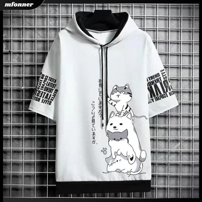 Áo Hoodie Tay Ngắn Dáng Rộng In Họa Tiết Hoạt Hình Thời Trang Mùa Hè Cho Nam