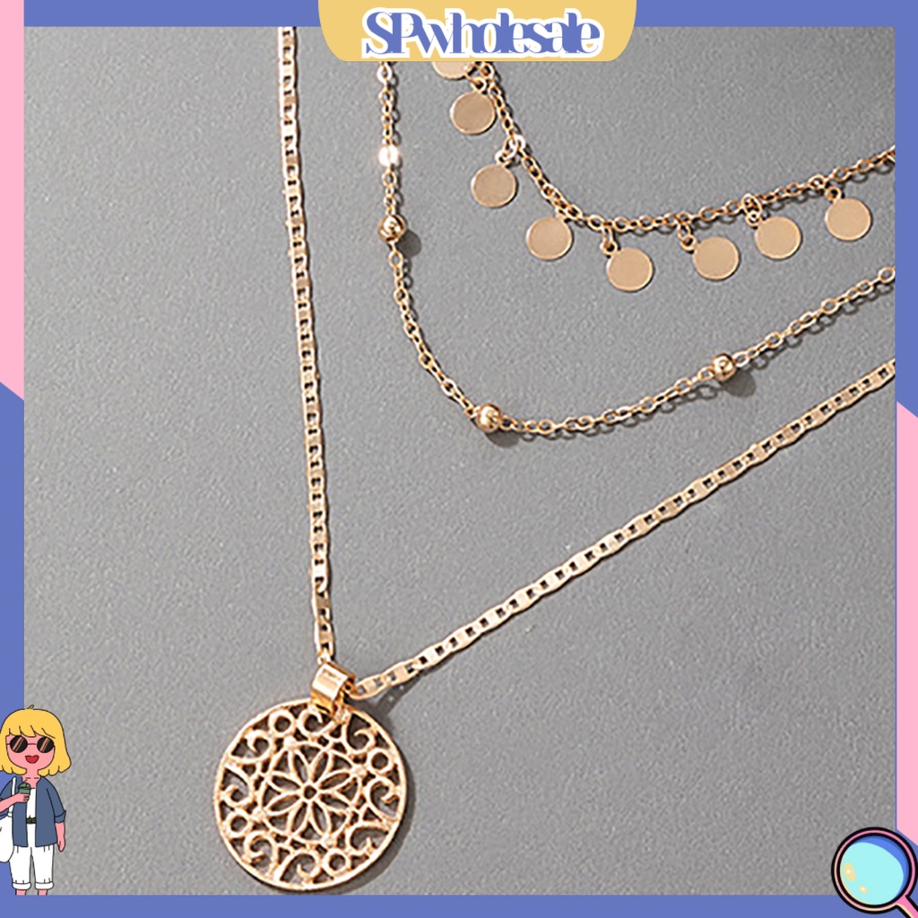 &lt;SPwholesale&gt; Vòng Cổ Choker Hợp Kim 3 Lớp Mặt Tròn Rỗng Phụ Kiện Trang Sức Thời Trang Dành Cho Nữ