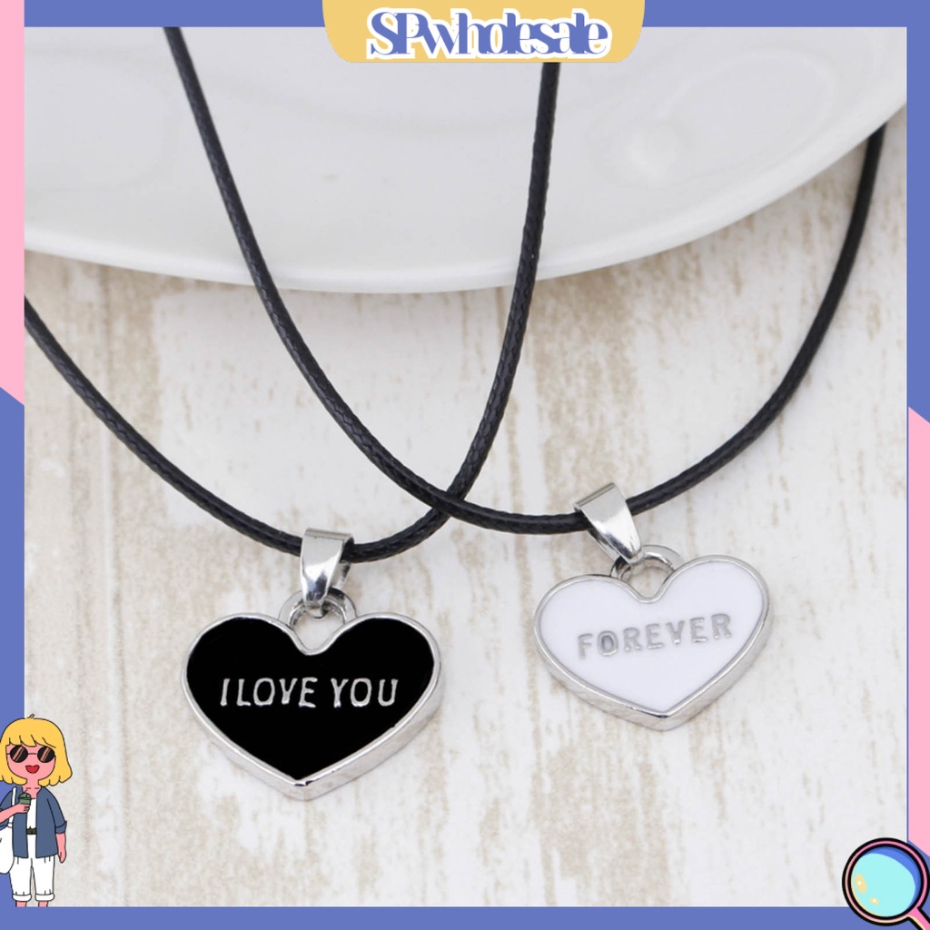 <SPwholesale> 1 Cặp Vòng cổ Mặt Trái Tim Màu Trắng Đen In Chữ I Love You Forever Dành Cho Cặp Đôi