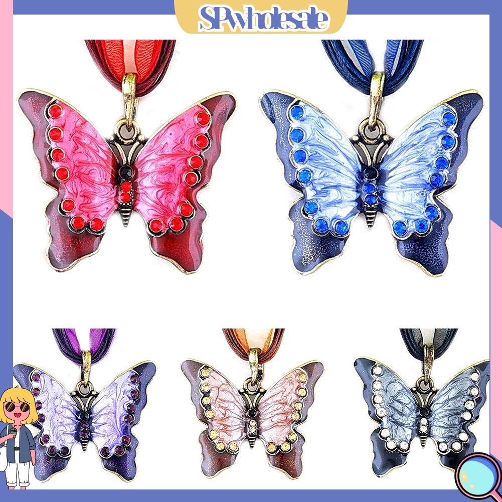 &lt;SPwholesale&gt; Vòng cổ Mặt Hình Bướm Tráng Men Đính Đá Phong Cách Vintage Cho Nữ