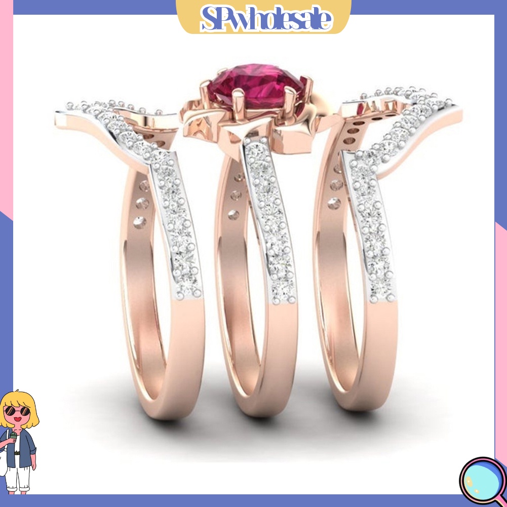 &lt;SPwholesale&gt; Bộ 3 Nhẫn Đính Đá Ruby Nhân Tạo Thời Trang Cho Nữ