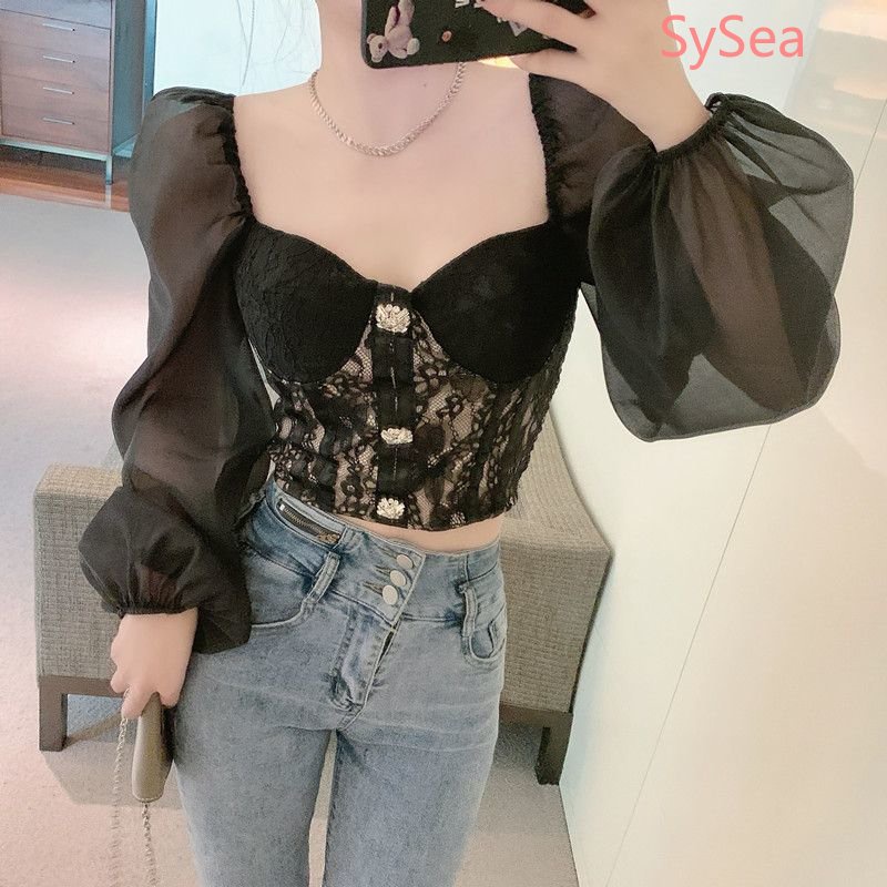 Áo Kiểu Tay Phồng Cổ Vuông Phối Ren Phong Cách Hàn Quốc