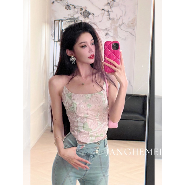 Áo Hai Dây Dáng Ôm In Họa Tiết Màu Hồng Thời Trang Mùa Hè Hàn Quốc 2023 Cho Bạn Gái