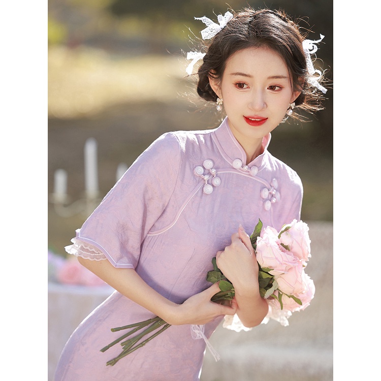Đầm Sườn Xám Dáng Rộng Phối Ren Màu Tím Phong Cách Trung Hoa Thời Trang Mùa Hè Cho Nữ Size S Đến XXL Qipao S1923