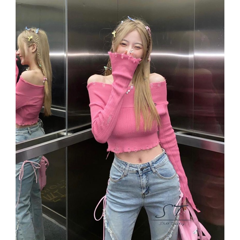 Áo Croptop Dệt Kim Trễ Vai Tay Dài Màu Trơn Thời Trang Đường Phố Cho Nữ
