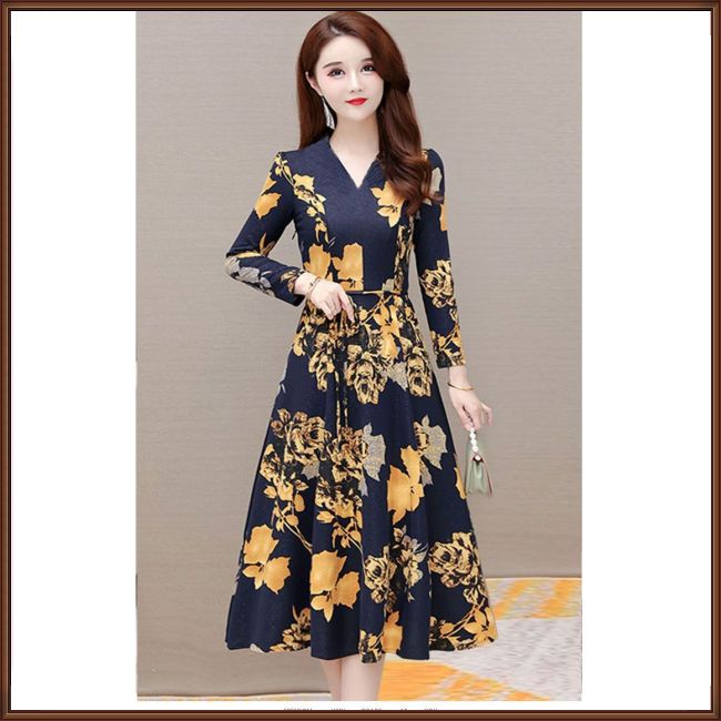 Đầm Tay Dài Cổ Chữ V In Họa Tiết Hoa Thanh Lịch Dành Cho Nữ