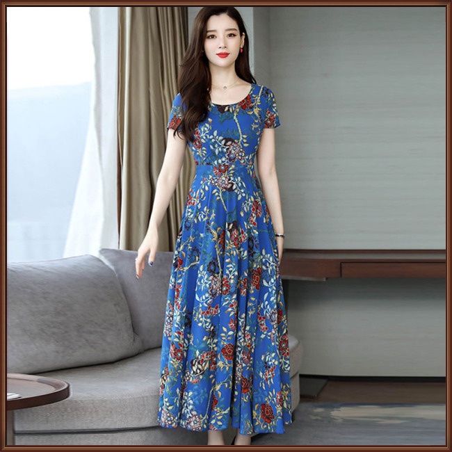 Đầm Dài Dáng Chữ A Tay Ngắn Chiết Eo In Họa Tiết Hoa Thời Trang Mùa Hè Cho Nữ
