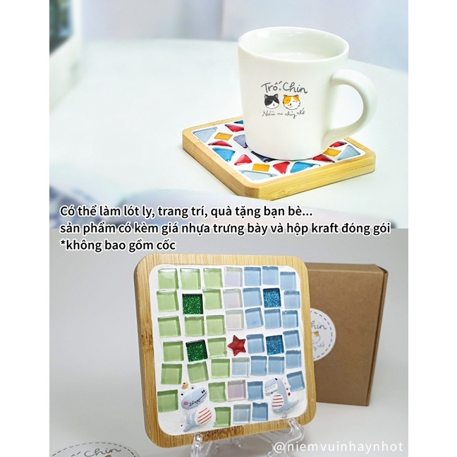 Set DIY Bộ KIT 10 món Tự làm lót ly khảm đá thủy tinh Mosaic (tặng giá trưng bày, hộp, có hướng dẫn)