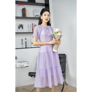 Đầm lụa tơ tím Huế, dáng xòe tay liền cổ đính nơ nhỏ 42126T83 Toson