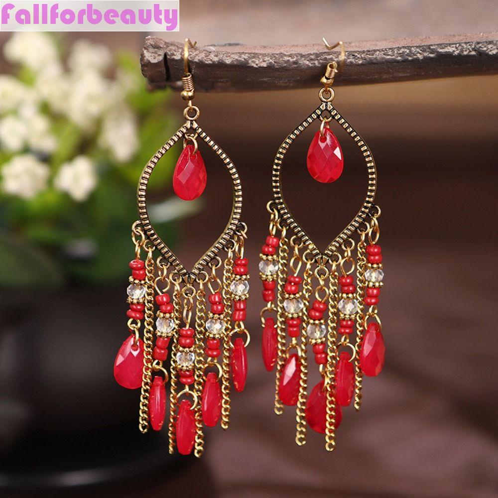 Bông Tai Dáng Dài Phối Tua Rua Phong Cách Dân Tộc Cổ Điển Thời Trang Cho Nữ