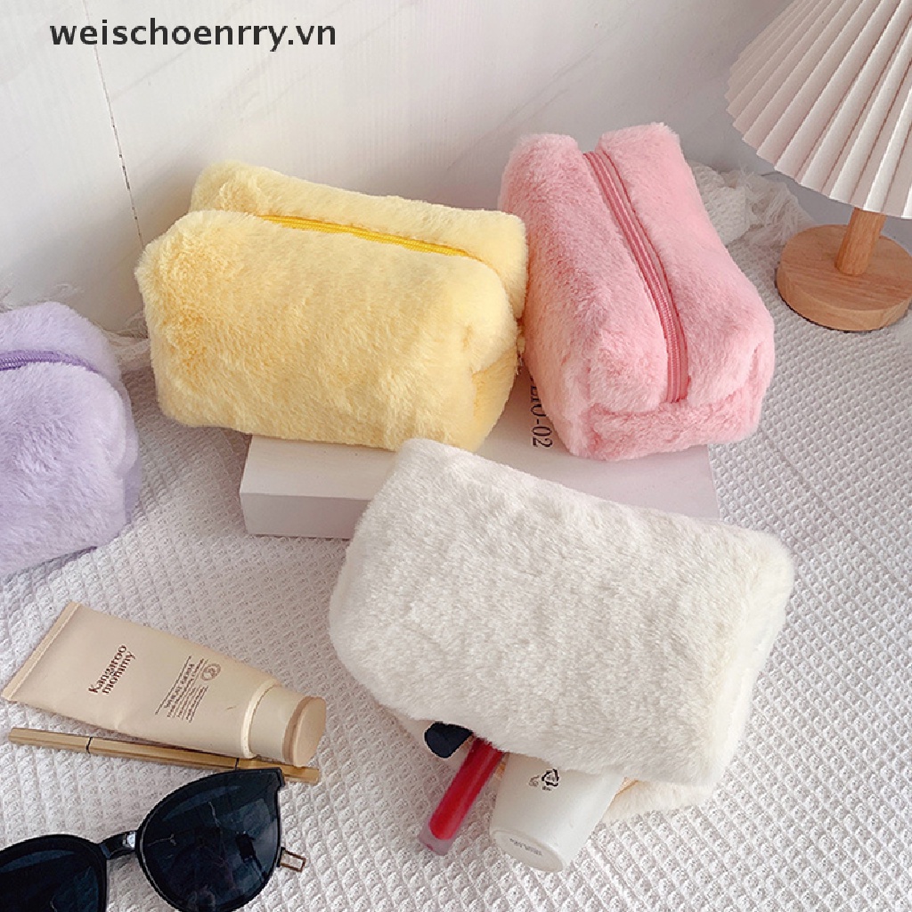 Túi Đựng Cọ Trang Điểm Bằng Lông Nhung Mềm Mại Màu Trơn Cho Nữ