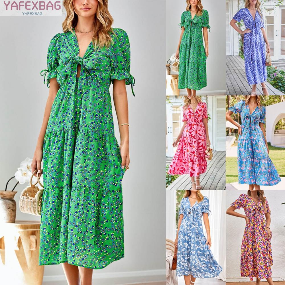 Dress Womens Bow Knot Front Casual Cutout Deep Dresses Floral Front Party S-2XL