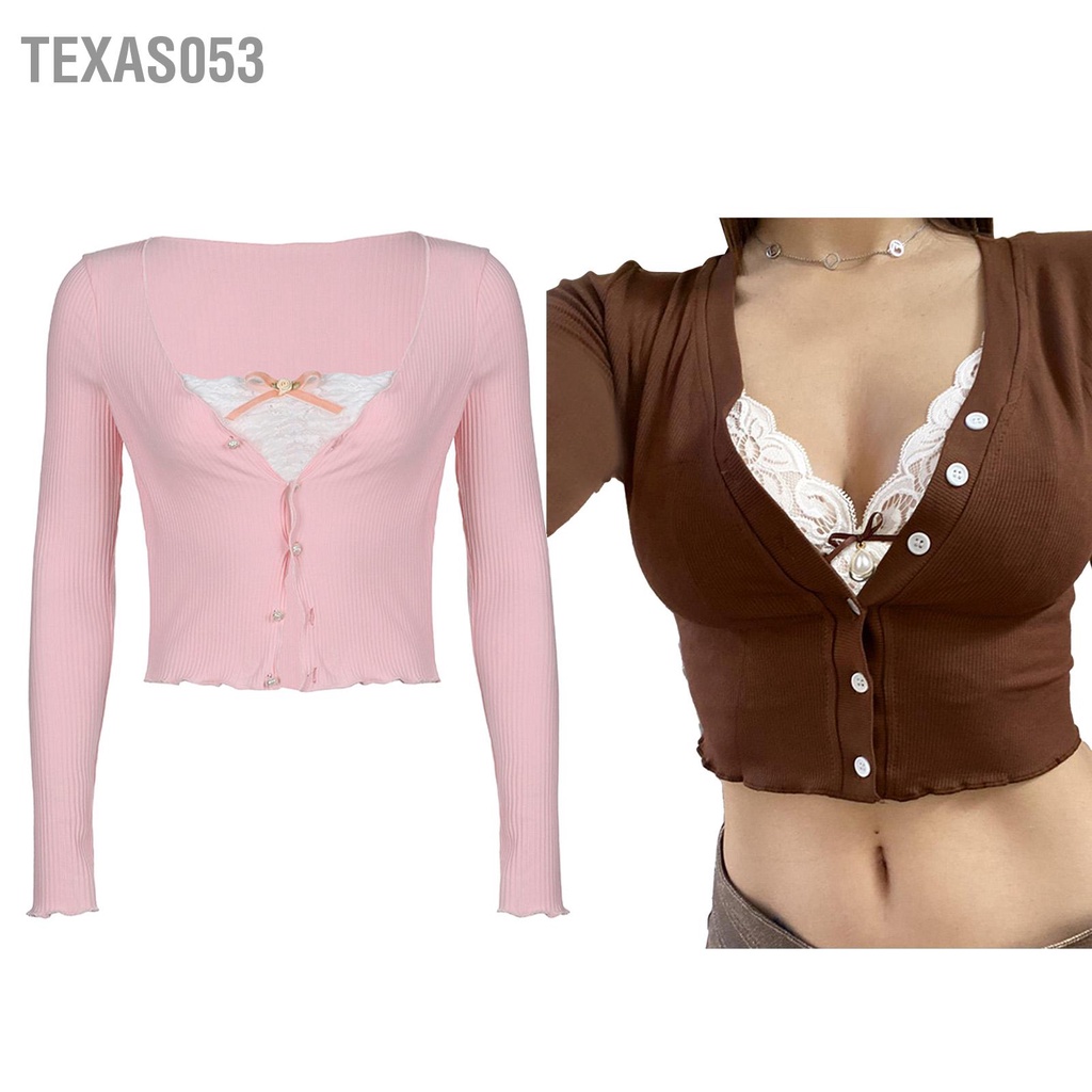 Texas053 Phụ Nữ Cài Nút Xuống Đan Ngắn Tay Dài Phối Ren Bé Gái Cổ V Áo Len Cho Mùa Thu