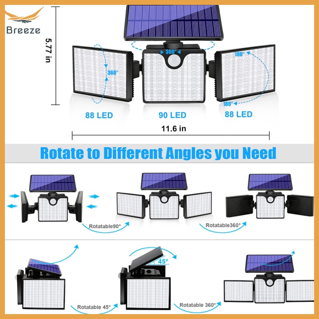 Đèn Led 3 Bóng 266 Bóng Ip65 Gắn Tường Cảm Biến Chuyển Động Tiết Kiệm Năng Lượng Chống Thấm Nước Tiện Dụng