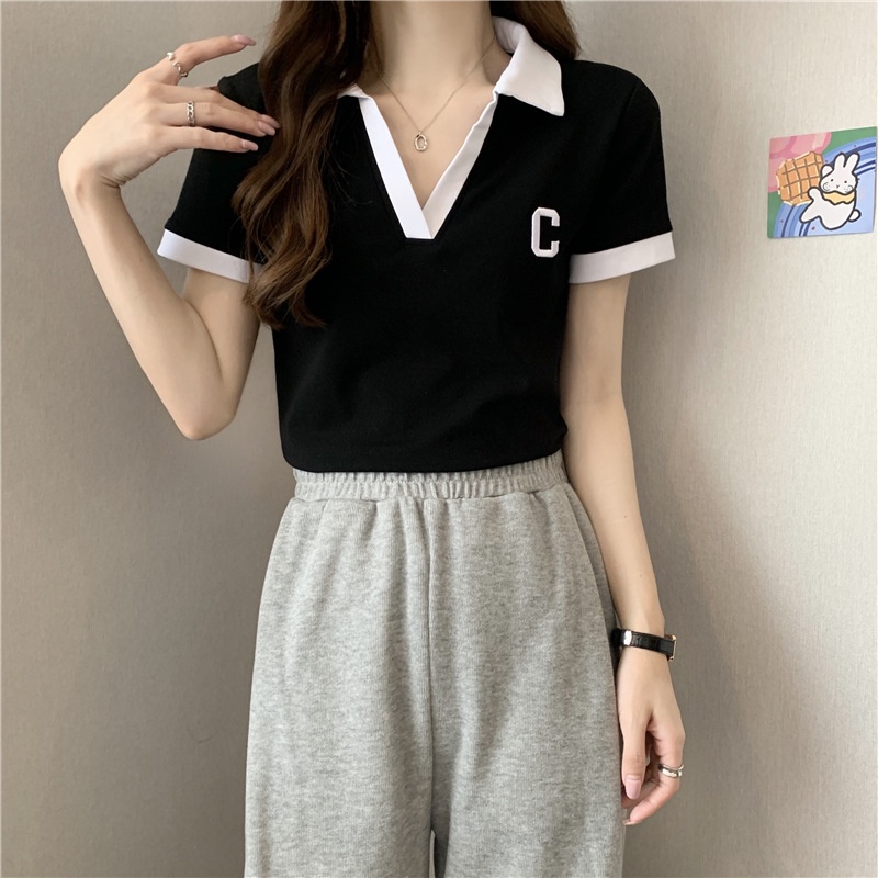 Áo Thun Nữ Ngắn Tay Cổ Chữ V Màu Tương Phản Phong Cách Mới