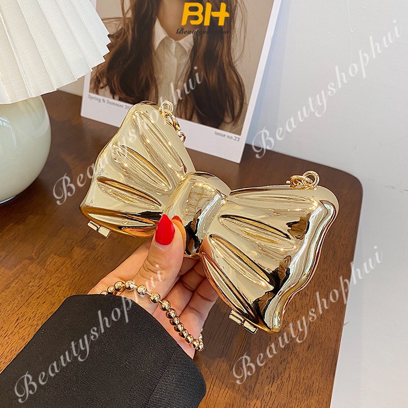 Túi Đeo Chéo Mini Đính Nơ Kim Loại Phối Dây Xích Thời Trang 2023 Sang Trọng Cho Nữ