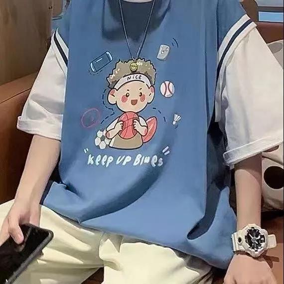 Áo Thun Tay Ngắn Giả Hai Lớp In Họa Tiết Hoạt Hình Thời Trang Xuân Hè Cho Nam