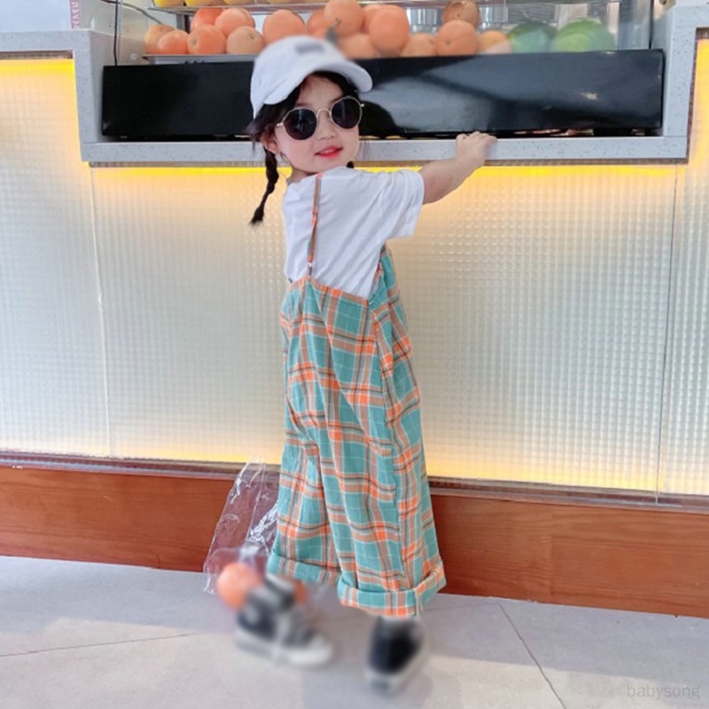 Bộ Áo Liền Quần Không Tay Có Túi Họa Tiết Caro Dành Cho Bé Gái 3-8 Tuổi