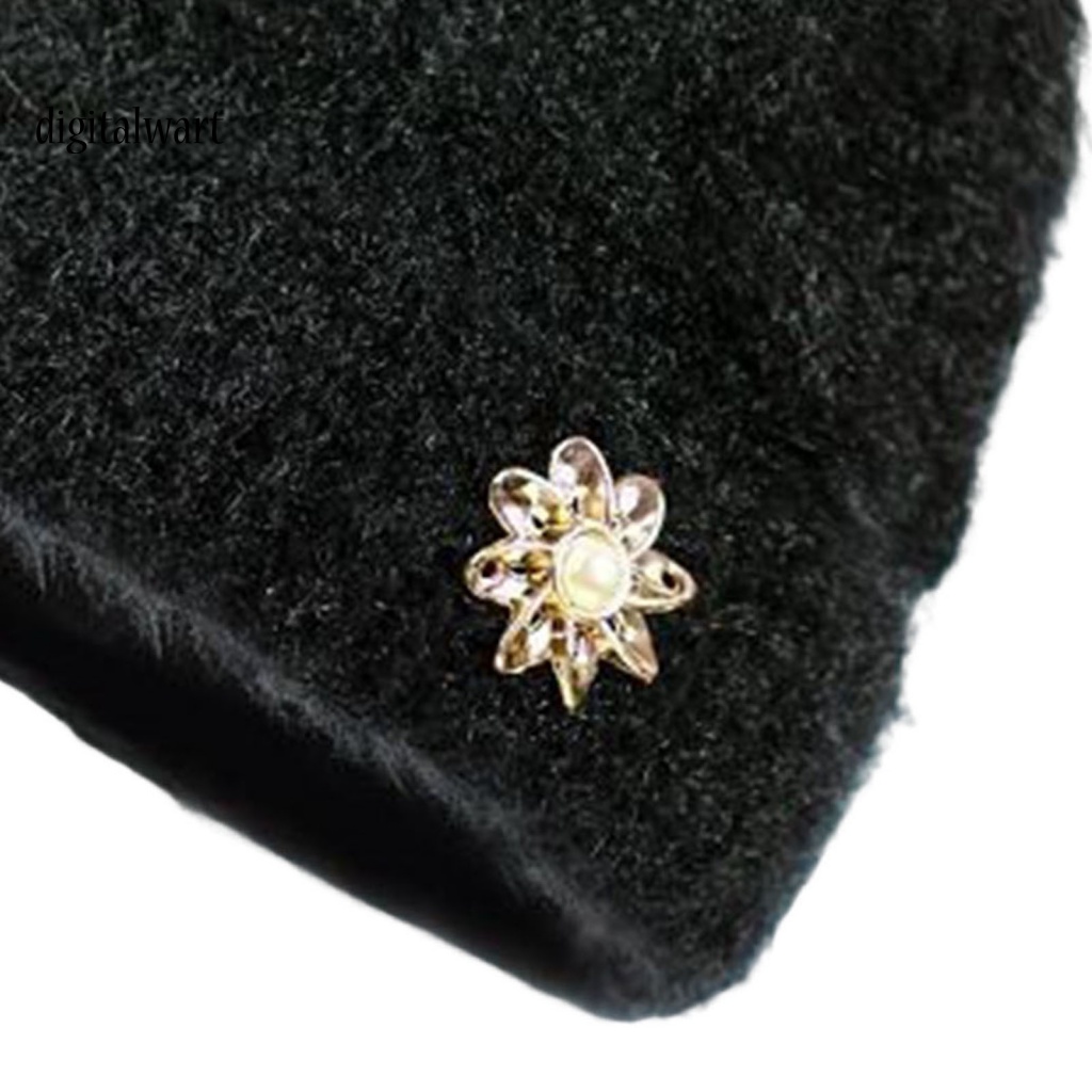 Kỹ Thuật Số| Mũ Beanie Dệt Kim Lót Lông Dày Dặn Màu Trơn Đính Đá Lấp Lánh Thời Trang Đường Phố