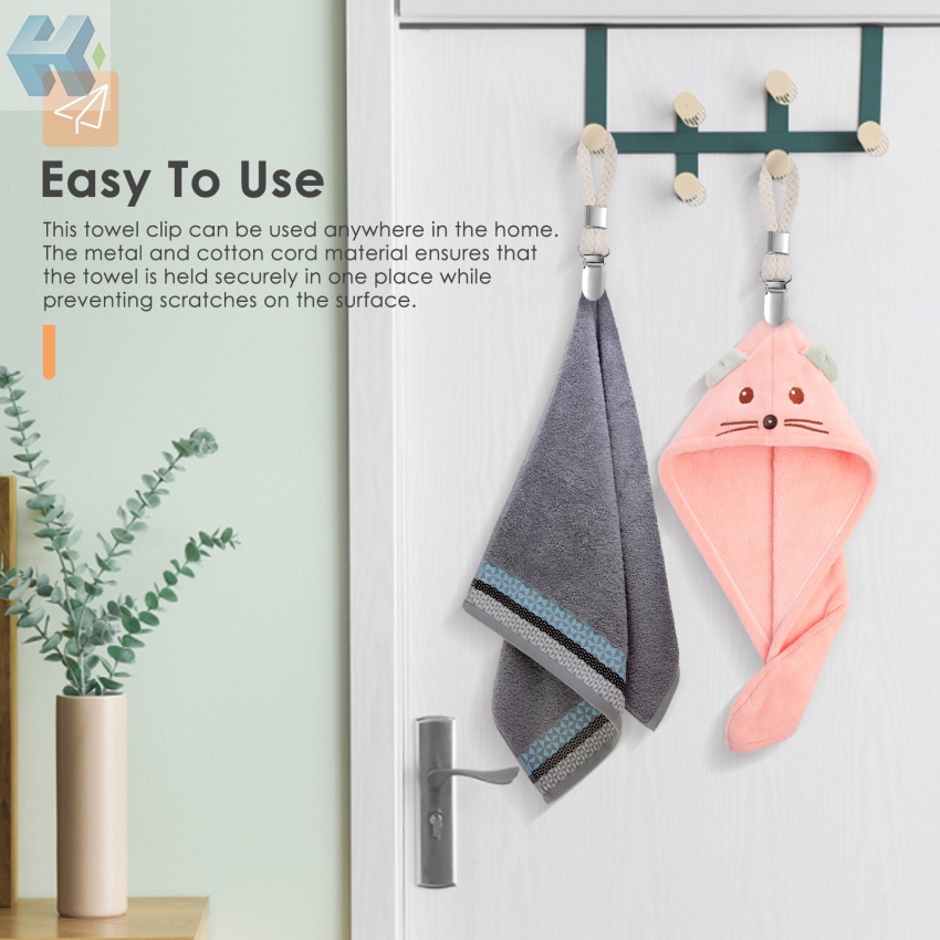 Set 4 Kẹp Treo Khăn Trà Bằng Kim Loại - Vòng Cotton Bện 1. Kẹp Khăn Tắm Chất Lượng Cao Chống Mài Mòn Không Dễ Sử Dụng