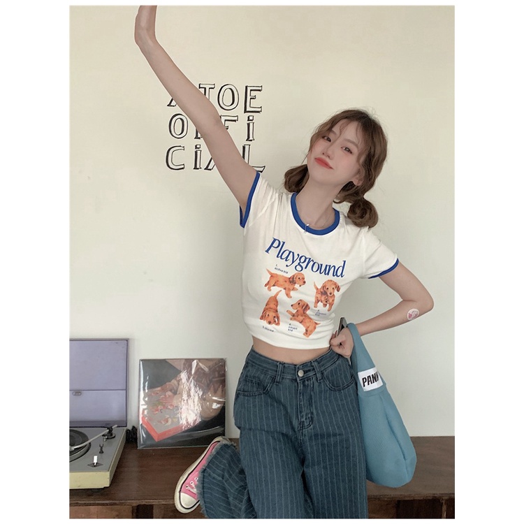 Áo Thun Ngắn Dáng Ôm In Chữ Phối Màu Tương Phản Kiểu Hàn Quốc Thời Trang Mùa Hè Cho