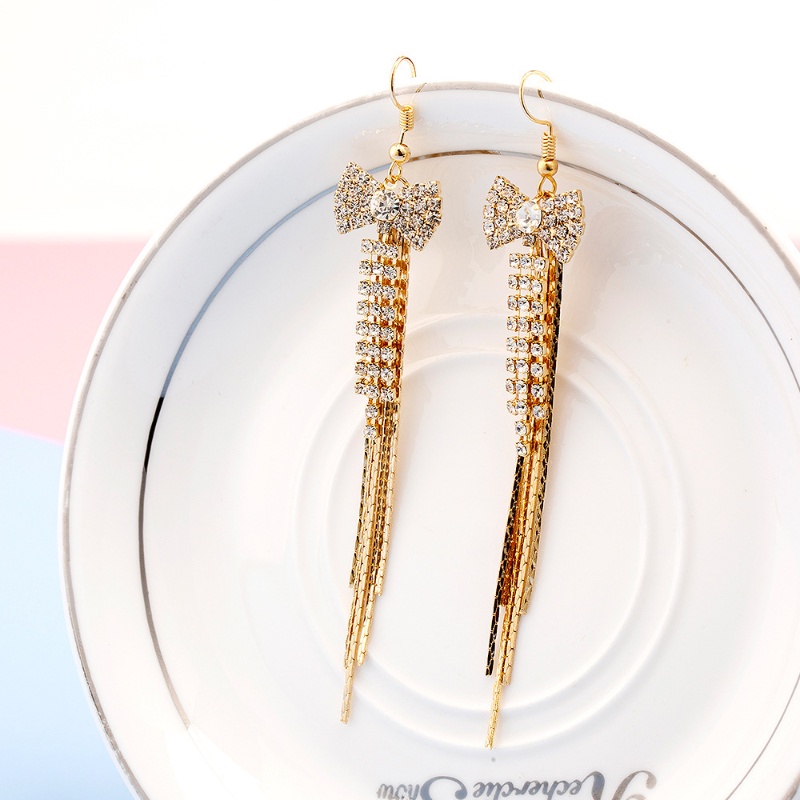 Khuyên Tai Dáng Dài Đính Đá Phối Nơ Tua Rua Thời Trang Hàn Quốc