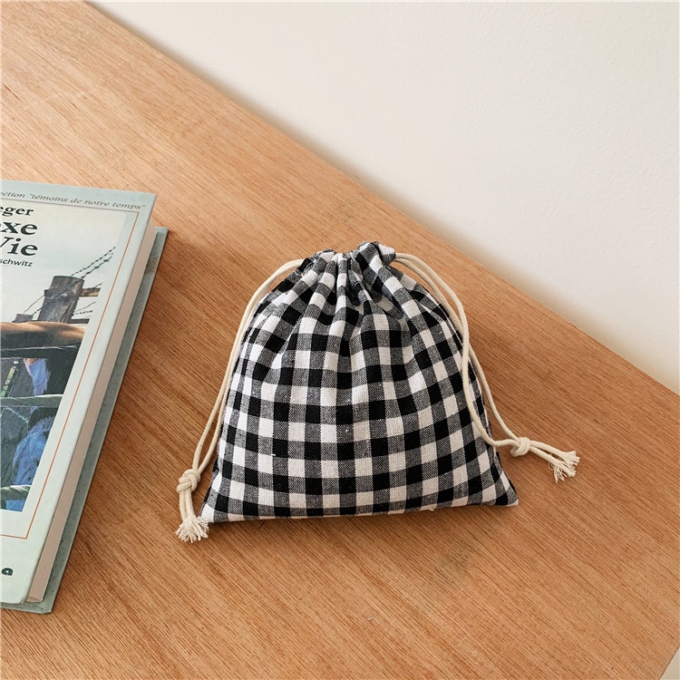 Túi Dây Rút Vải Lanh Cotton Họa Tiết Sọc Caro Đơn Giản
