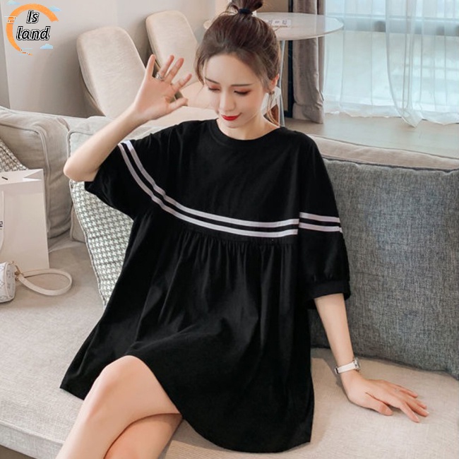 [IS] Đầm Thun Dáng Rộng Tay Ngắn Họa Tiết Kẻ Sọc Màu Sắc Tương Phản Dành Cho Phụ Nữ Mang Thai