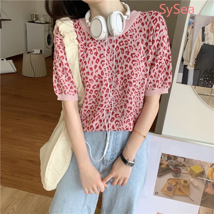 Áo Dệt Kim Cổ Tròn Dáng Rộng Họa Tiết Da Báo Cá Tính Cho Nữ