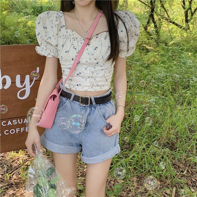 Cozok Áo Sơ Mi Tay Phồng Ngắn Cổ Bẻ In Hoa Dễ Phối Đồ Hợp Thời Trang